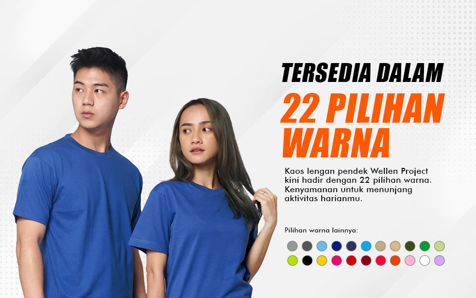 Banner Iklan Pilihan Warna Baju Untuk Produk Kaos Polos - Ada dua orang menggunakan kaos polos lengan pendek berwarna biru